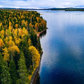 Aerial view of blue lake with reflection fall forest with autumn colorful trees in Finland.